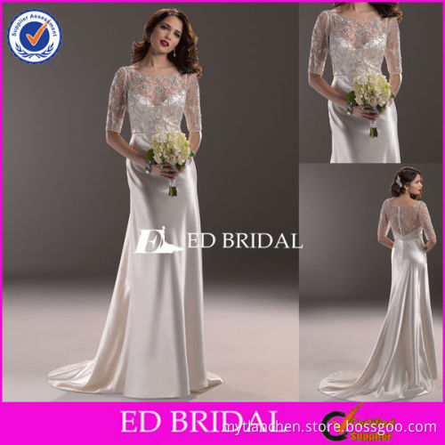 B010 Off Shoulder Sweetheart Neckline Short Sleeves Heavy Beads Soft Satin Bridal Dress